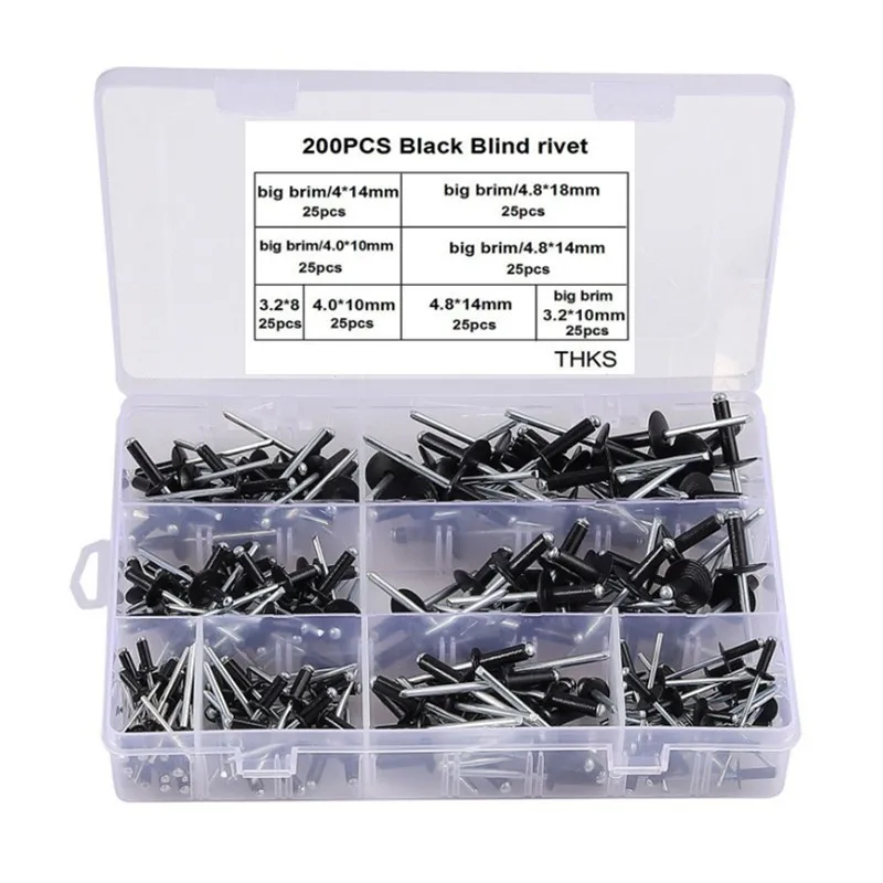 200Pcs Blind Rivets Assortment Kit, Black Large Head Aluminum Pop Rivets M2.4-M4.8