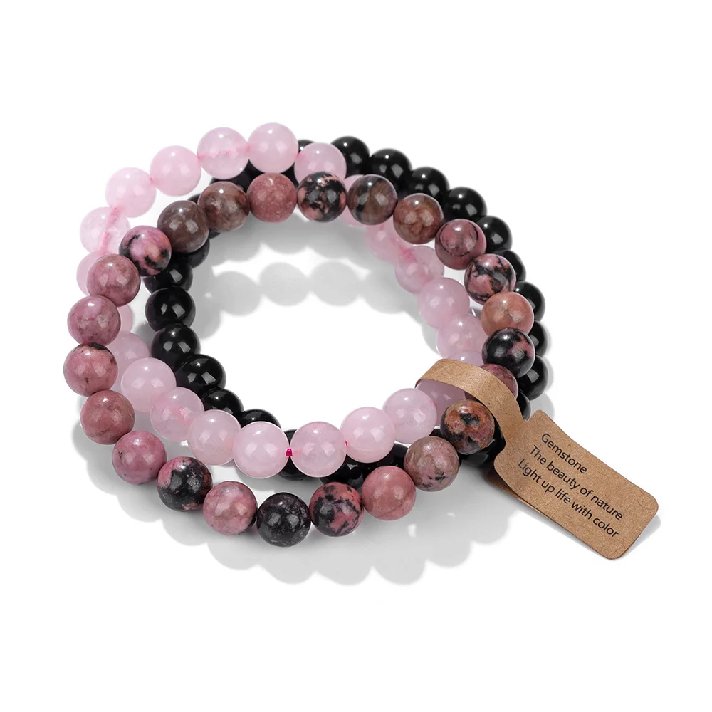 3PCS Natural Stone Bracelet 8mm Rose Quartzs Rhodonite Tiger Eye Hematite Crystal Beads Bracelet Elastic Jewelry For Women Men
