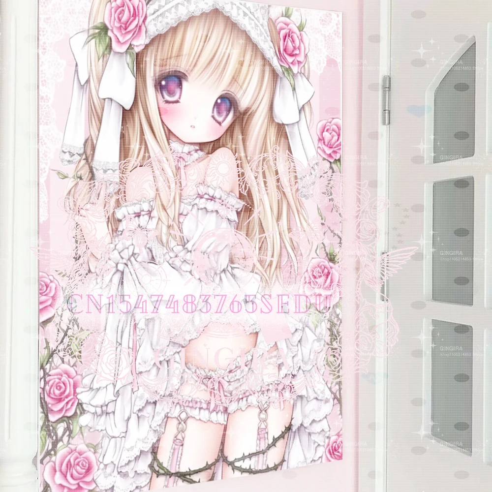 Pink Coquette Anime Girl Tapestry, Rose & Lace Lolita Wall Hanging, Kawaii Soft Girl Room Decor, Cute Manga Print Tapestry for B
