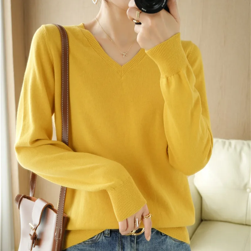 2023 New Women\'s Sweater 100% Cotton V-Neck Casual Knitting Solid Color Pullover Loose Fashion Long Sleeve Korean Women\'s Top