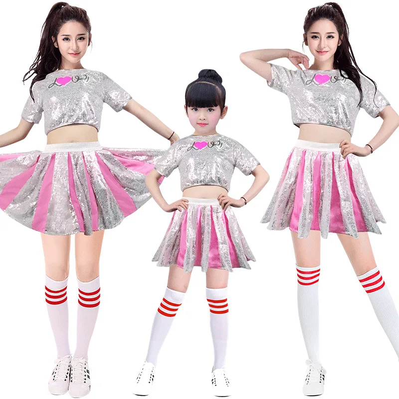 

flicker Sequin Short Sleeve Pink Women Cheerleading Costume Girl Jazz Dance Hip Hop Cheerleader Uniform Competition Performance