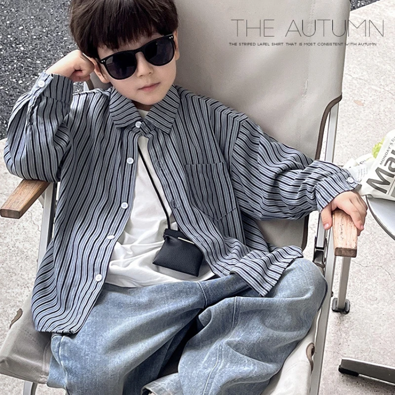 

Korean Version Jacket Versatile Striped Collar Comfortable Handsome Boys' Shirt Autumn 2024