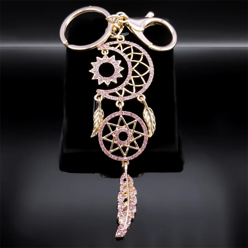 Moon Sun Pink Dream Feather Catcher Key Chain for Women Rhinestone Metal Gold Color Dreamcatcher Keychain Gift Jewelry K9215S01