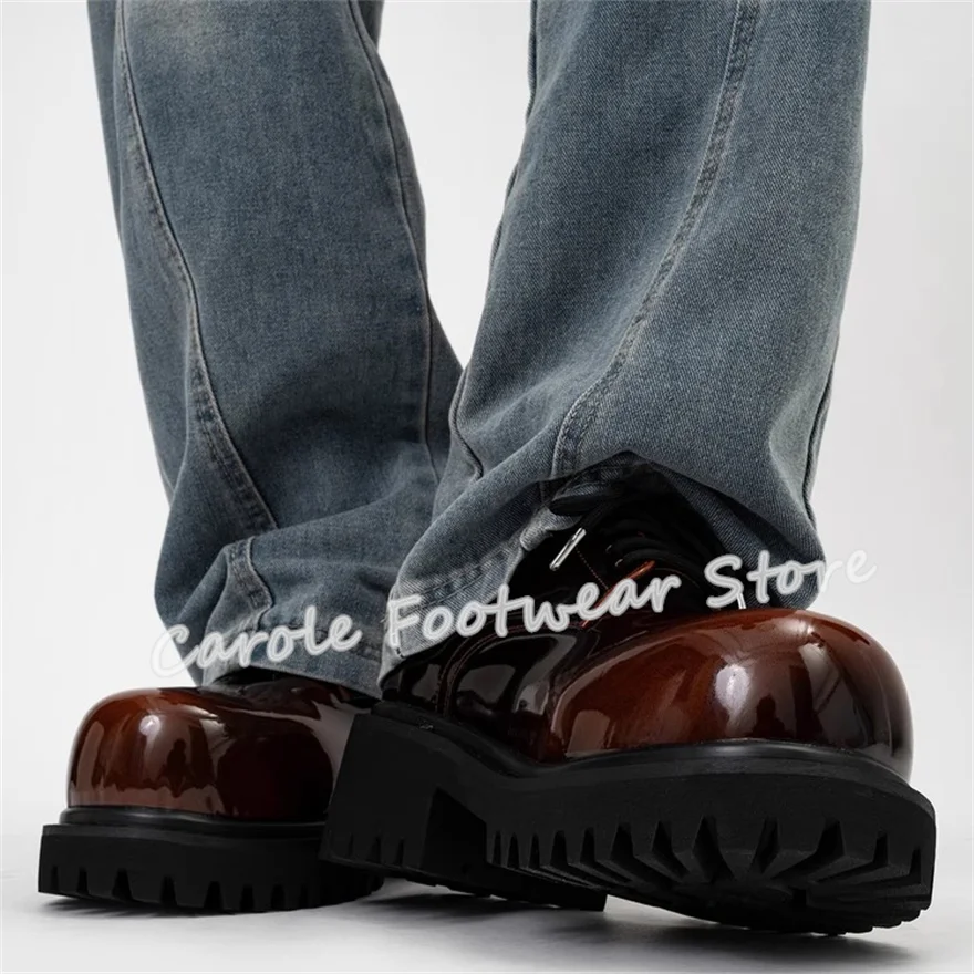 ファッションミックスカラーレザービッグヘッドダービーシューズ男性用 10 センチメートルチャンキーヒール高さ増加レースアップオックスフォード男性カジュアルローファー