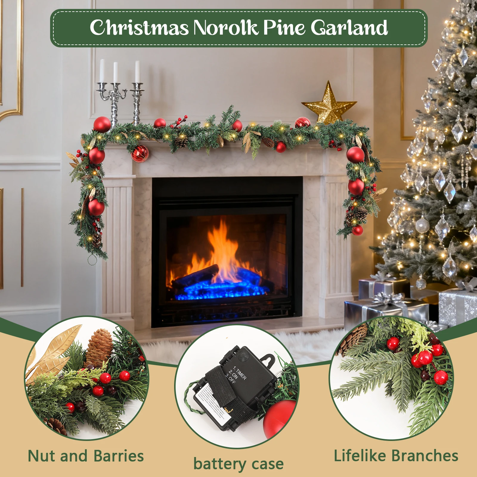 

Battery Operated Artificial Christmas Garland 9 Foot Long with LEDs & Red Balls for Easy No-Outlet Holiday Decor