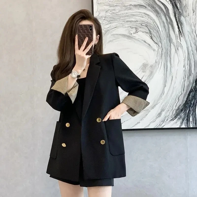 

2023 New Spring Autumn British Blazer Slim Double Breasted Flip Sleeve Suit Coat Women Clothing Black Blazers Jackets Tops BC313