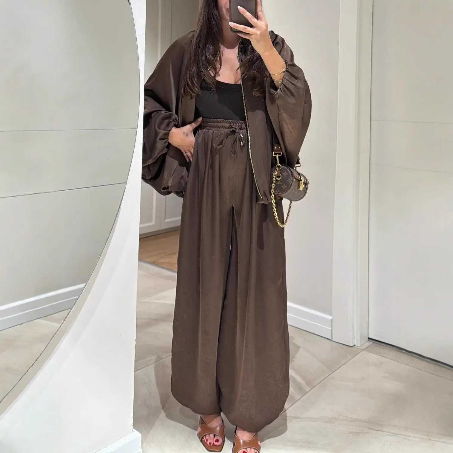 

Brown Vintage Outerwear Loose Open Cardigan with Wide Leg Pants Long Pants 2025 Women's Fashion Set Polyester Long Sleeve
