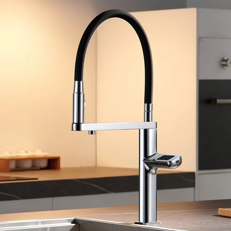 Pull Out Brass Kitchen Faucet Intelligent Sensing Digital Touch Temperature Control Hot And Cold Water Mixer Direct Drinking Tap