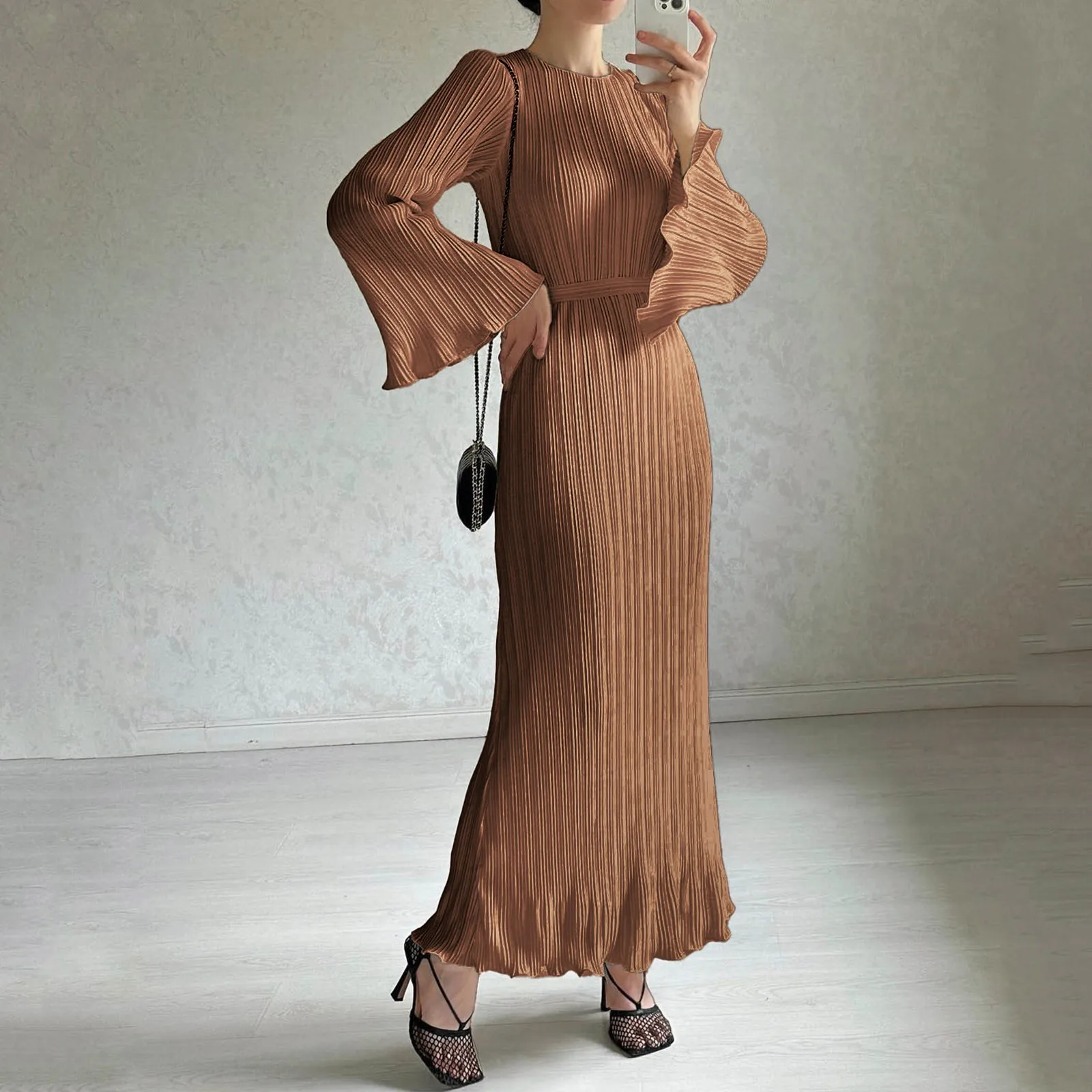 

2024 Fall Winter Womens Pleated Evening Dress Fashion Flare Sleeve Long Elegant Dresses Female Fashion Holiday Beach Clothes