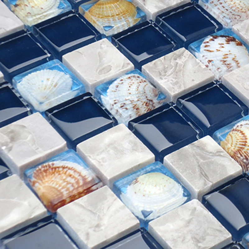 

Blue mix white glass mosaic stone tile shell mosaic for SPA bathroom decoration