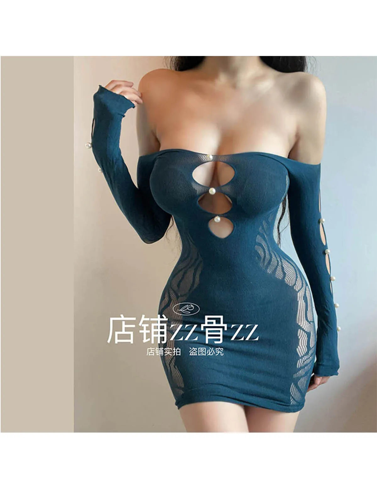 Nova malha feminina emenda fora do ombro elástico hip abraçando transparente sexy hip manga longa vestido elegante azul doce topo 6x36