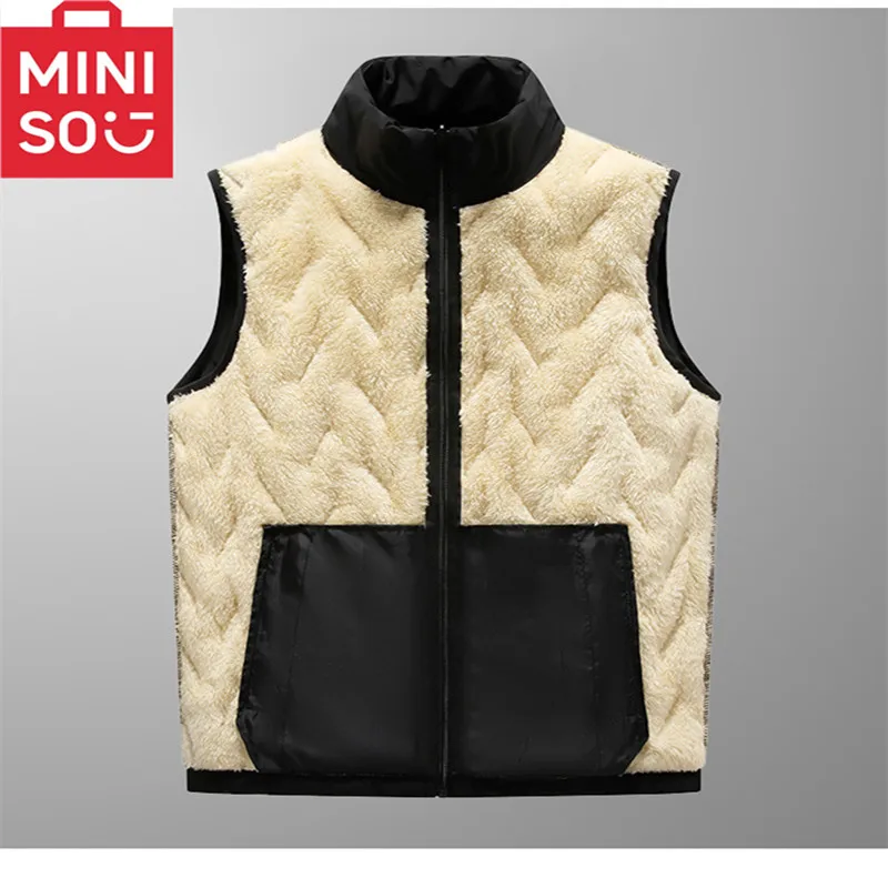 MINISO vest with thick wool and lamb wool, men\'s winter vest with wool base, warm stand collar, winter clothes, ultrasonic vest