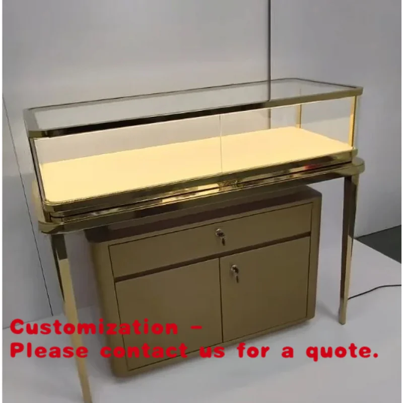

custom.Luxury LED Light Stainless Steel Rectangle Glass Jewelry Showcase Exhibition Wooden Display Counter Retail Store Fixtures