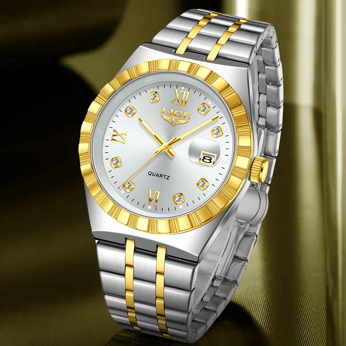 LIGE 새로운 럭셔리 트렌디 남성용 시계 방수 발광 스테인리스 스틸 남성 시계 날짜 표시 쿼츠 비즈니스 남성 손목시계+박스 선물