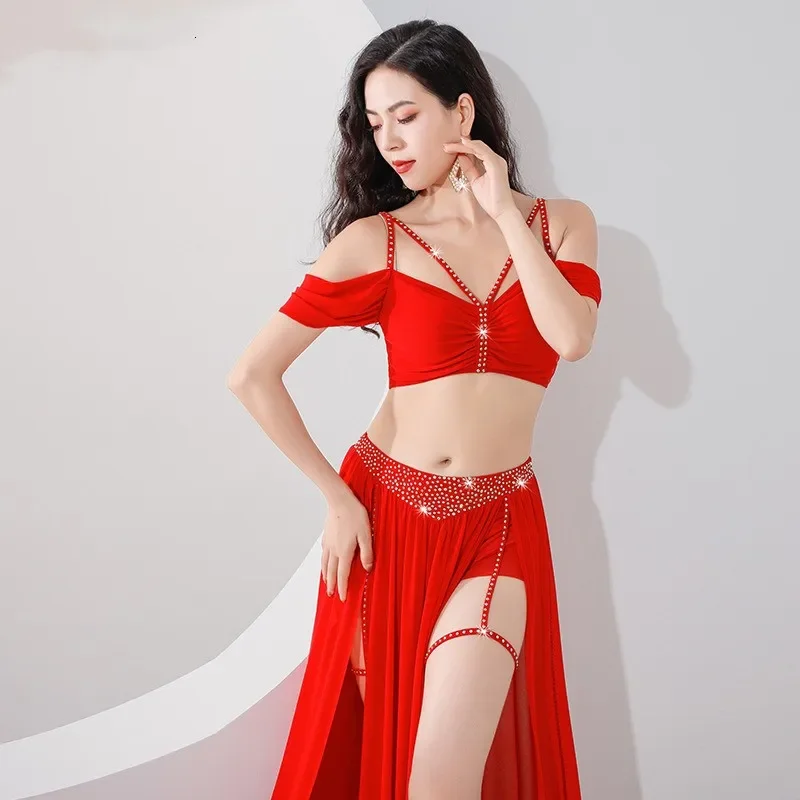 Practice Clothes Aldult Oriental Women Dancing Performance Clothing Belly Dance Suit Sling Top Off Shoulder Sleeves Split Skirt