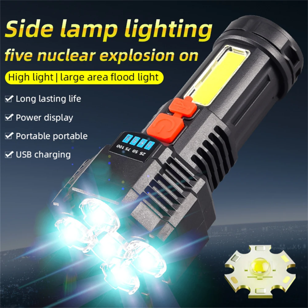 Outdoor tragbare 5-Köpfe LED-Taschenlampe 5 Modi 4800mAh Lithium-Batterie USB wiederauf ladbare super helle Taschenlampe