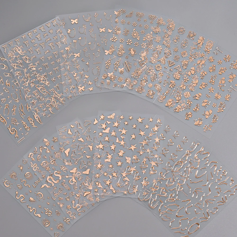 12 Uds. De pegatinas para uñas de oro rosa, estrella, corazón, flor, llama bronceadora 3D, línea de serpiente, calcomanías francesas para decoración de uñas, decoración deslizante para manicura Bohemia