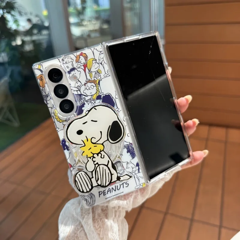 

Cartoon Cute Snoopy Charlie friend seat Folding Magsafe Wireless Charge Case For Samsung ZFold 3 4 5 6 ZFold7 Magnetic Holder