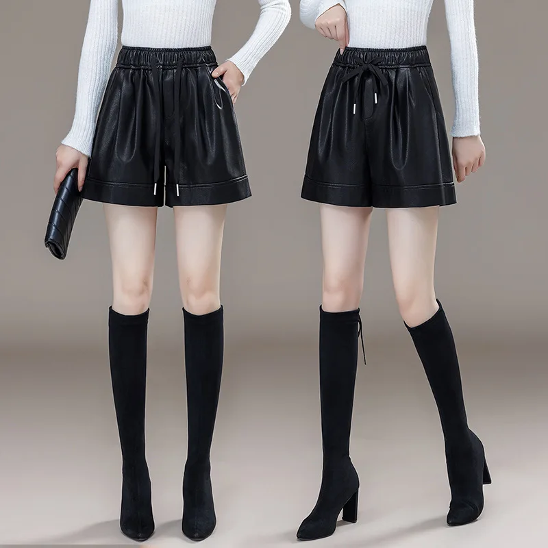 Einfarbige Ledershorts mit elastischem Bund und Kordelzug für Damen, neuer Herbst- und Winterstil, zierliches, schlankmachendes, weites Bein mit hoher Taille