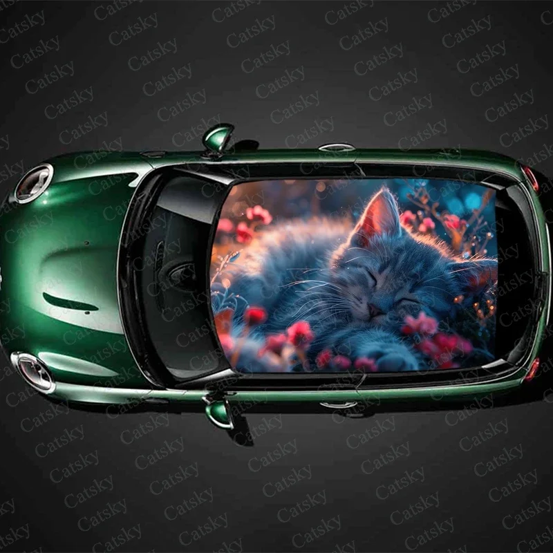 Cat with Nature Scene Car Roof Sticker Wrap Racing SUV Accessories Packaging Painted PVC Custom Car Graphic Decal