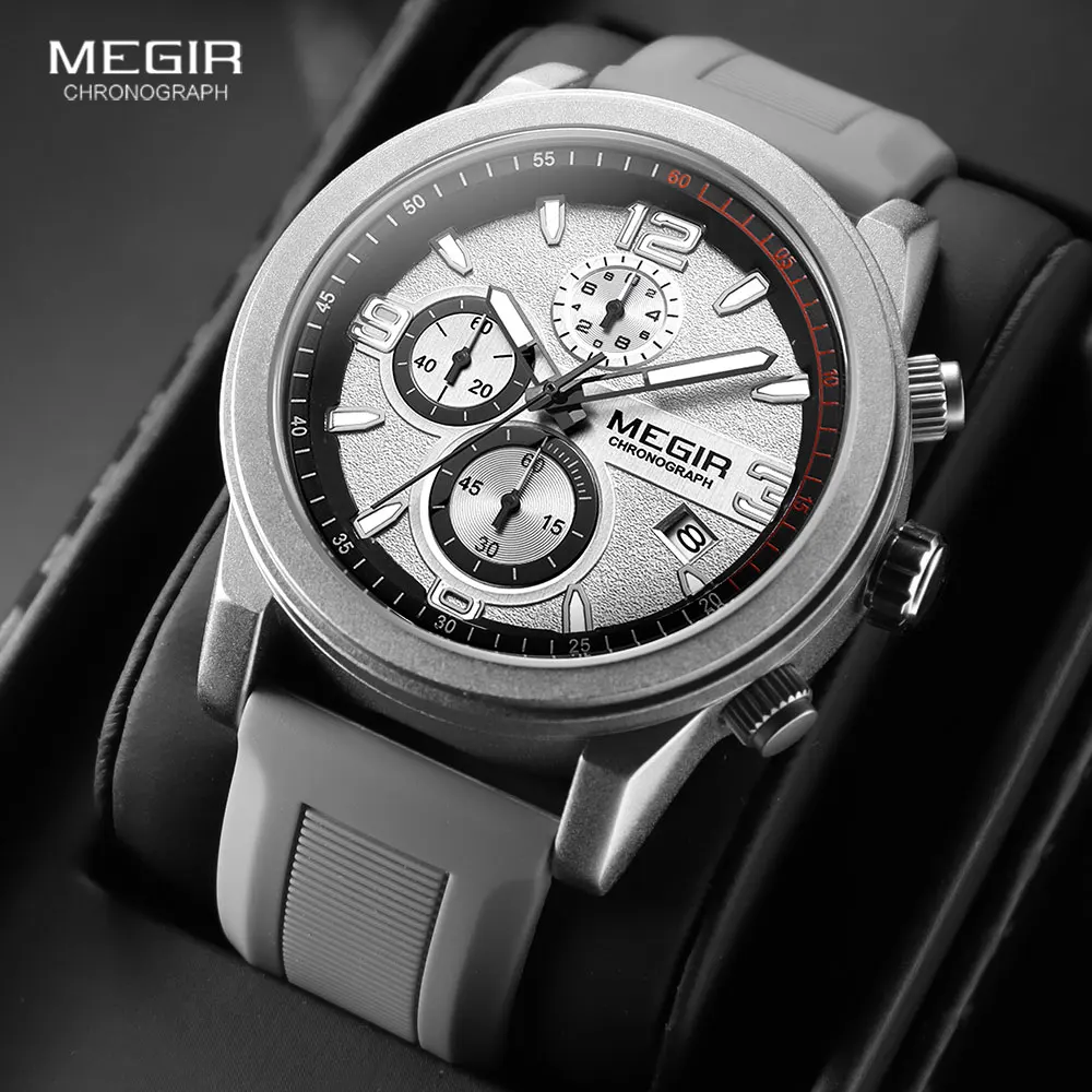 MEGIR Gray Sport Watch Men Fashion Military Analog Chronograph Quartz Wristwatch with Auto Date Luminous Hands Silicone Strap