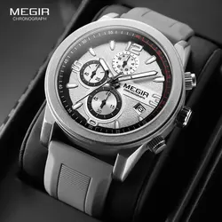 MEGIR Gray Sport Watch Men Fashion Military Analog Chronograph Quartz Wristwatch with Auto Date Luminous Hands Silicone Strap