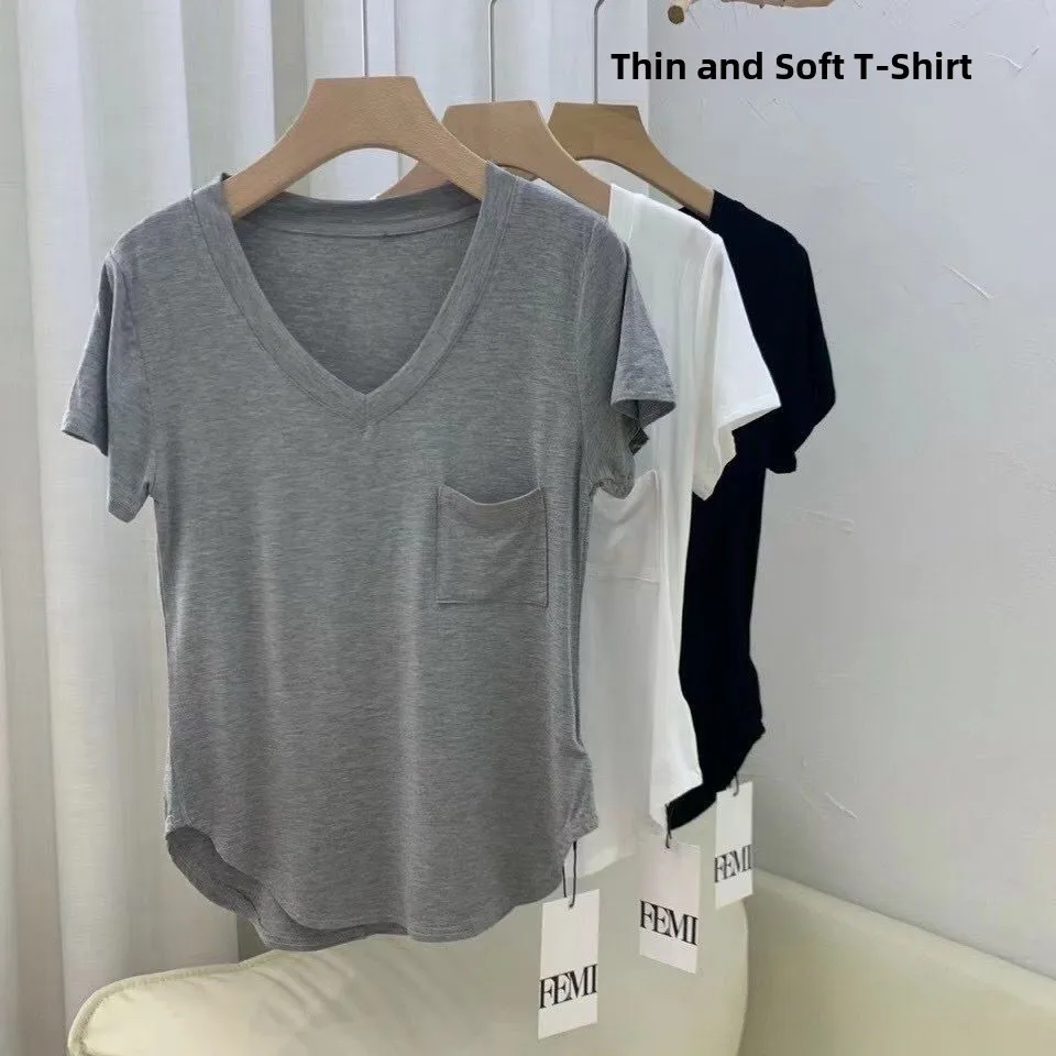 Camiseta de algodón modal para mujer, versión coreana holgada de verano, camiseta básica de longitud media, top casual de man...