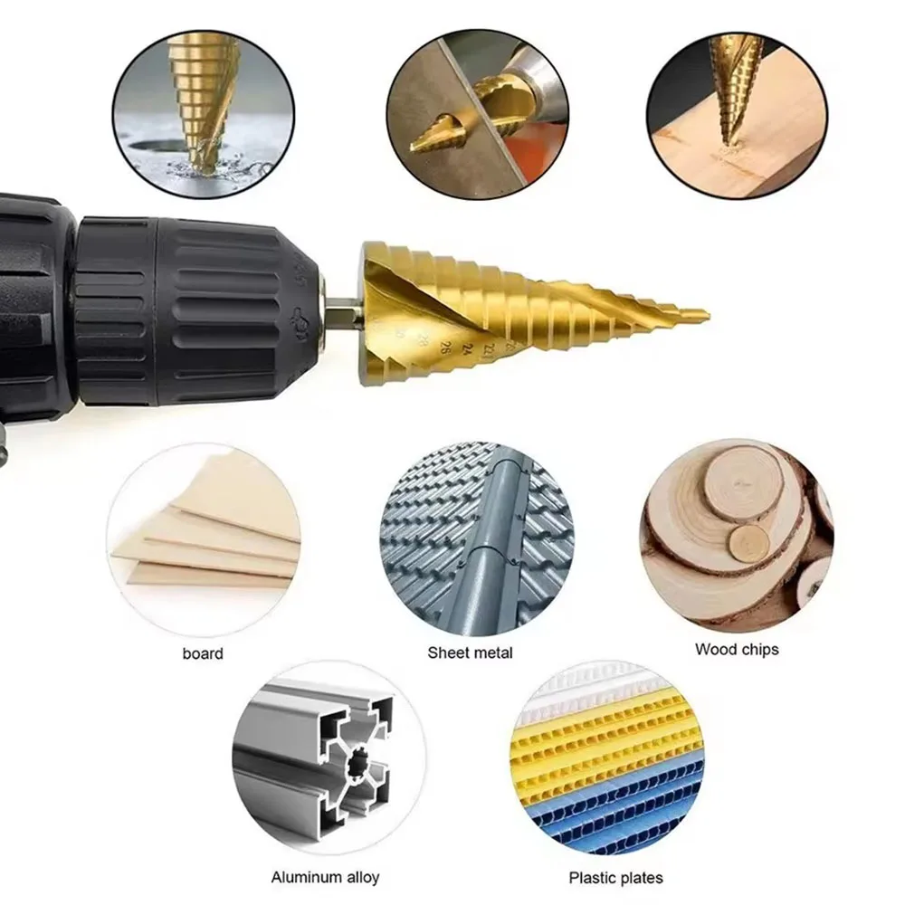 チタンメッキステップドリル、六角シャンク、スパイラル溝、4-12mm/4-20mm/4-32mm、Baotaドリルツールアクセサリーセット