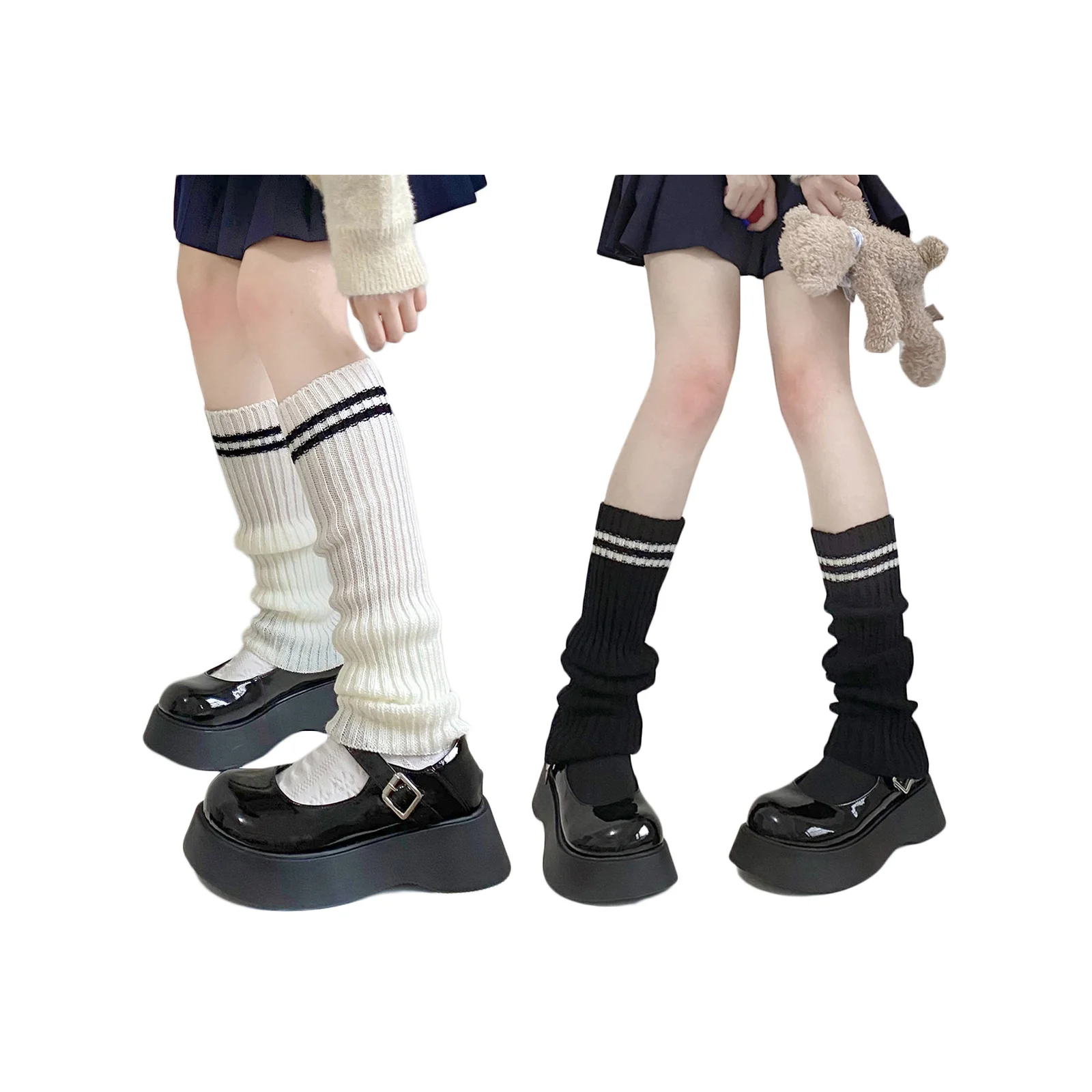 

Lolita over-the-knee long knitted pile socks black and white two-color suit