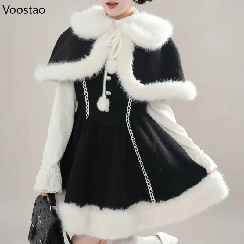 Autunno Inverno Dolce Lolita 3 Pezzi Set Donne Kawaii Peluche Coniglietto Orecchio Mantello Cappotto Sottile Mini Abiti Stile Coreano Femminile Y2k Vestito