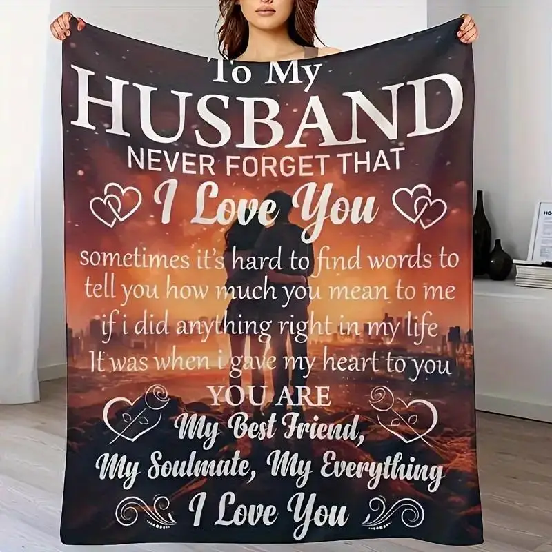 

1pc To My Husband Flannel Blanket - "I Love You" Message, All-Season Christmas/Birthday Bedroom Decor Gift