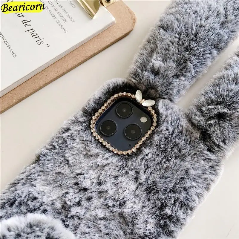 Soft Plush Case For iPhone 13 14 15 11 12 Pro XR X Xs Max 7 8 6 6s Plus 5 5S SE mini 3D Furry Rabbit Bunny Warm Fur Hair Cover