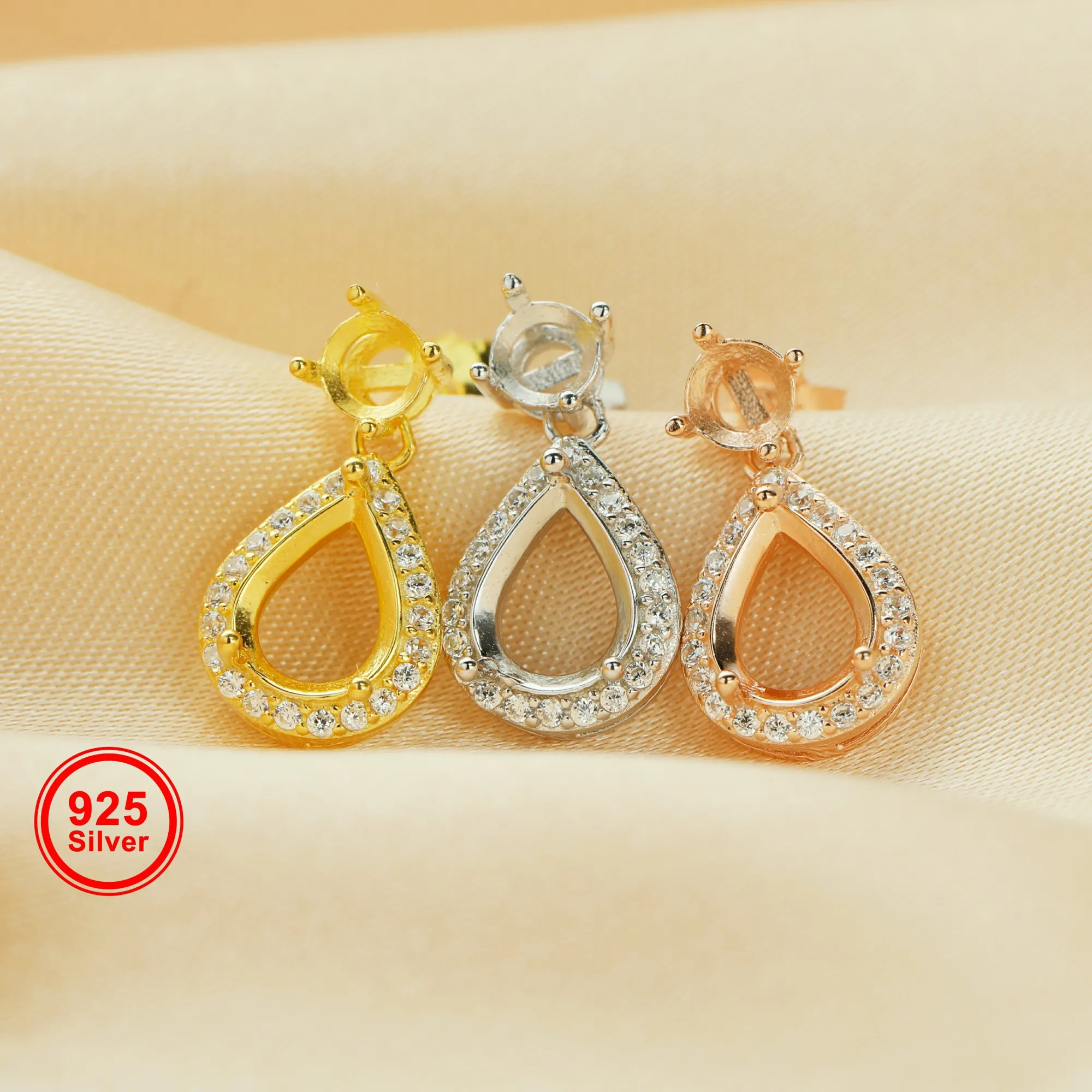 

6x8MM Halo Pear Prong Hoop Earrings Settings with 4MM Round Settings on Top,Solid 925 Sterling Silver Earrings 1706132