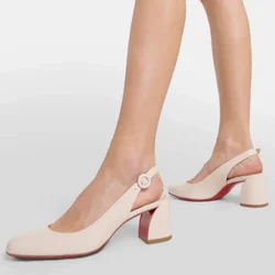 Black White Color Patent Leather Women Sandals Round Toe Back Buckle Strap Female Pumps Red Sole Shoes Chunky High Heels Concise
