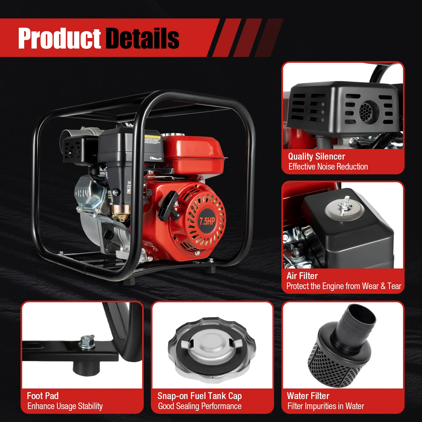 WP-30X 7.5HP Irrigation Water Pump Four-stroke OHV Engine 3600r/min 196cc Red Water Pump Agricultural Irrigation Pump for Agricultural Irrigation, Tunnel Drainage view 6