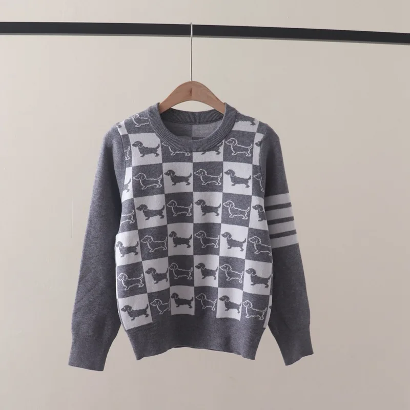 Autumn New Preppy Style Color Matching Plaid Puppy Jacquard round Neck Pullover Long Sleeve Sweater Bottoming Sweater