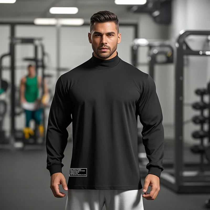 Men's Oversized Turtleneck Long Sleeve Running T-Shirts Autumn Cotton Dropped Shoulder Loose Gym Fitness T Shirts