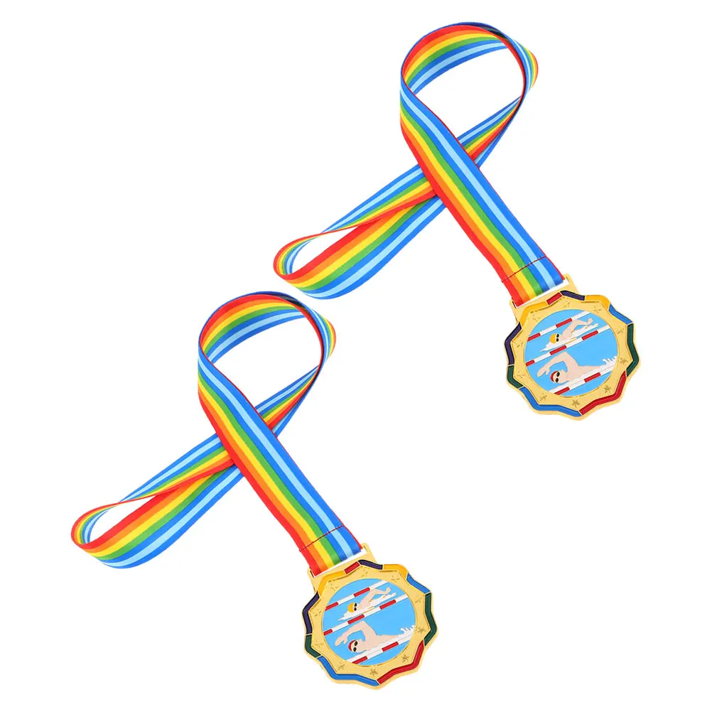 

2Pcs Swimming Medal Metal Award Neck Ribbon First Place Prize Sports Tournament Competition School Event Medal Sport