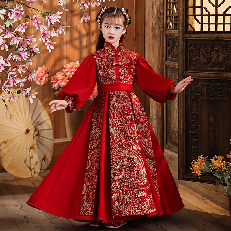 Girls Red Chinese New Year Clothes Vintage Long Cheongsam Party Wedding Flower Girl Dresse Dance Costumes Girls Hanfu Dress