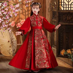 Girls Red Chinese New Year Clothes Vintage Long Cheongsam Party Wedding Flower Girl Dresse Dance Costumes Girls Hanfu Dress