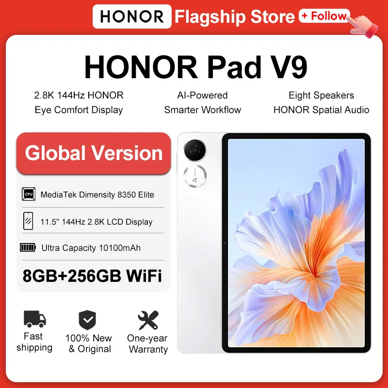 HONOR Pad V9 글로벌 버전, 11.5인치, 2.8K, 144Hz, 눈의 피로를 덜어주는 디스플레이, Dimensity 8350 프로세서, 10100mAh 배터리, 66W 고속 충전 지원 태블릿 PC