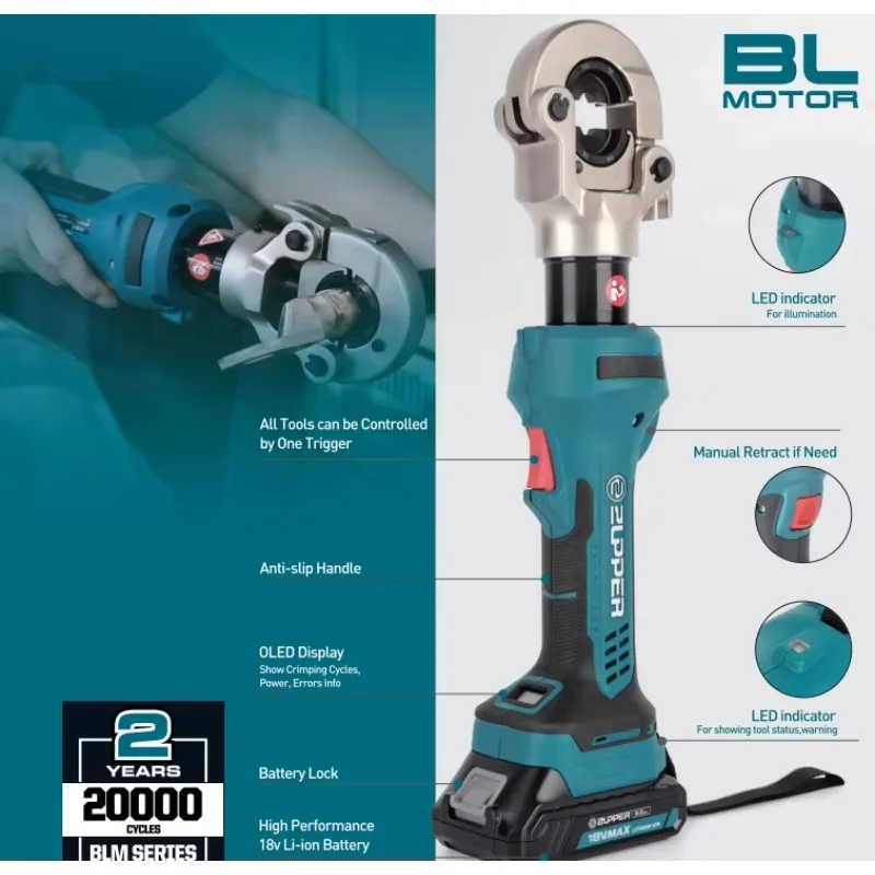 ZUPPER BLM-240 Brushless Motor Hydraulic Crimping Plier 240mm² Copper Aluminum Cable Lug Crimper Battery Powered Crimping Tool