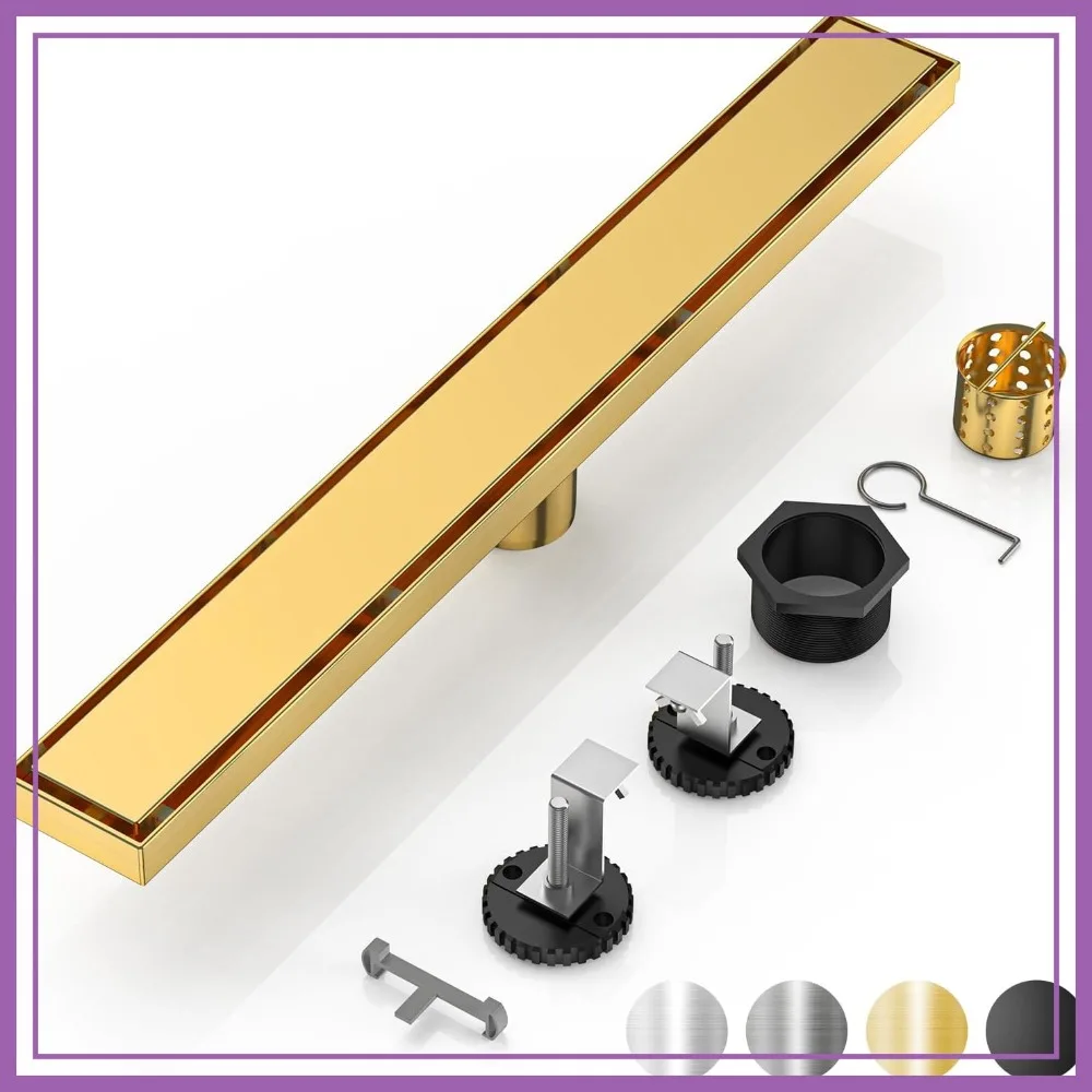 

24" Linear Shower Drain, AISI 304 Stainless Steel, Brushed Gold with Tile Insert & Adjustable Feet, Rectangle Floor Drain for Bathroom