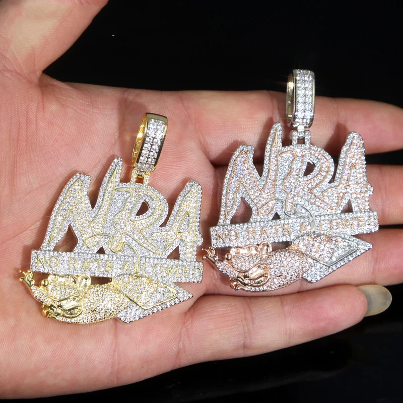 2024 Two Tone Hip Hop Micro Pave Cubic Zircon Letters NO RATS ALLOWED Pendant Luxury Iced Out Bling NRA Necklace For Men Jewelry