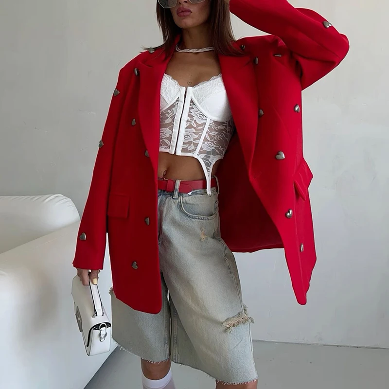 TWOTWINSTYLE Solid Patchwork Heart Decoration Blazer For Women Notched Collar Long Sleeve Casual Loose Coats Female Fashion New