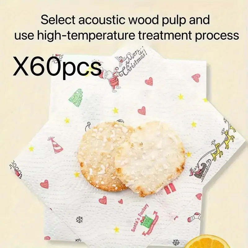 60 Pieces of Kitchen Paper Towels - Santa Claus and Holiday Designs, Highly Absorbent, Suitable for Cooking and Cleaning