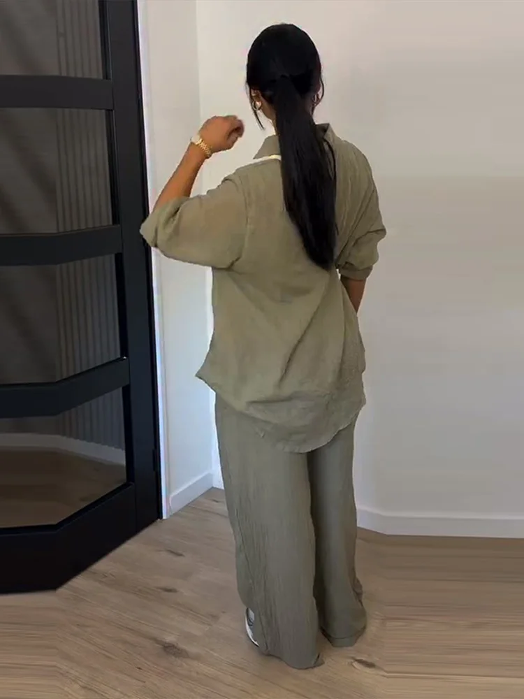 Fashion Solid Long Pants Set Women Chic Lapel Single Breasted Shirt High Waist Wide Leg Trousers 2026 Spring Summer 2 Pcs Outfit - Image 5