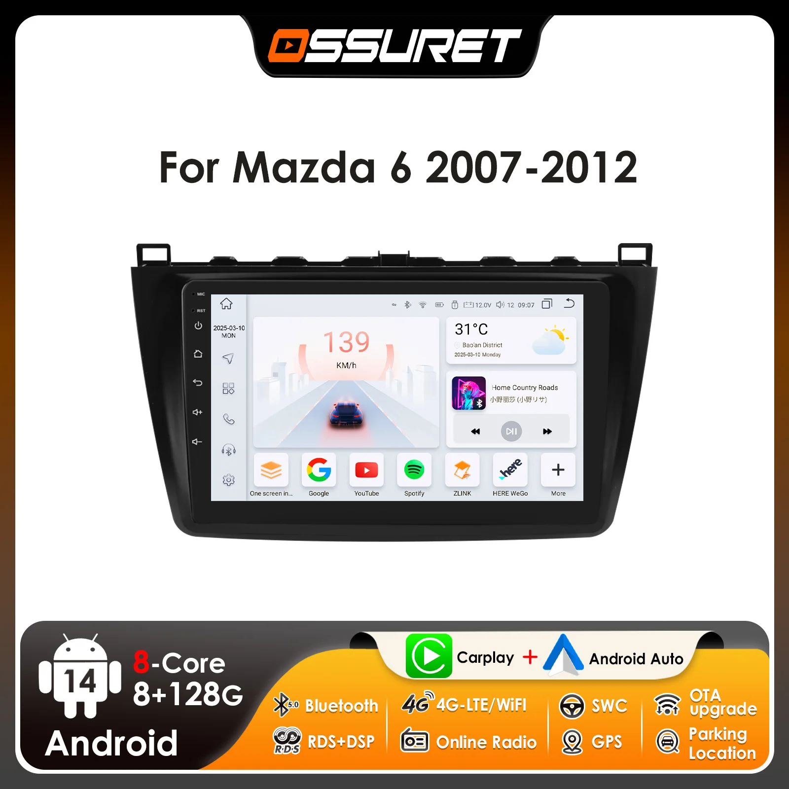 

Ossuret 9-дюймовый 2Din Android-автомобильный радиоприемник для Mazda 6 2007-2012 Мультимедиа UI7862 Навигация GPS Стерео Carplay 4G BT DSP RDS