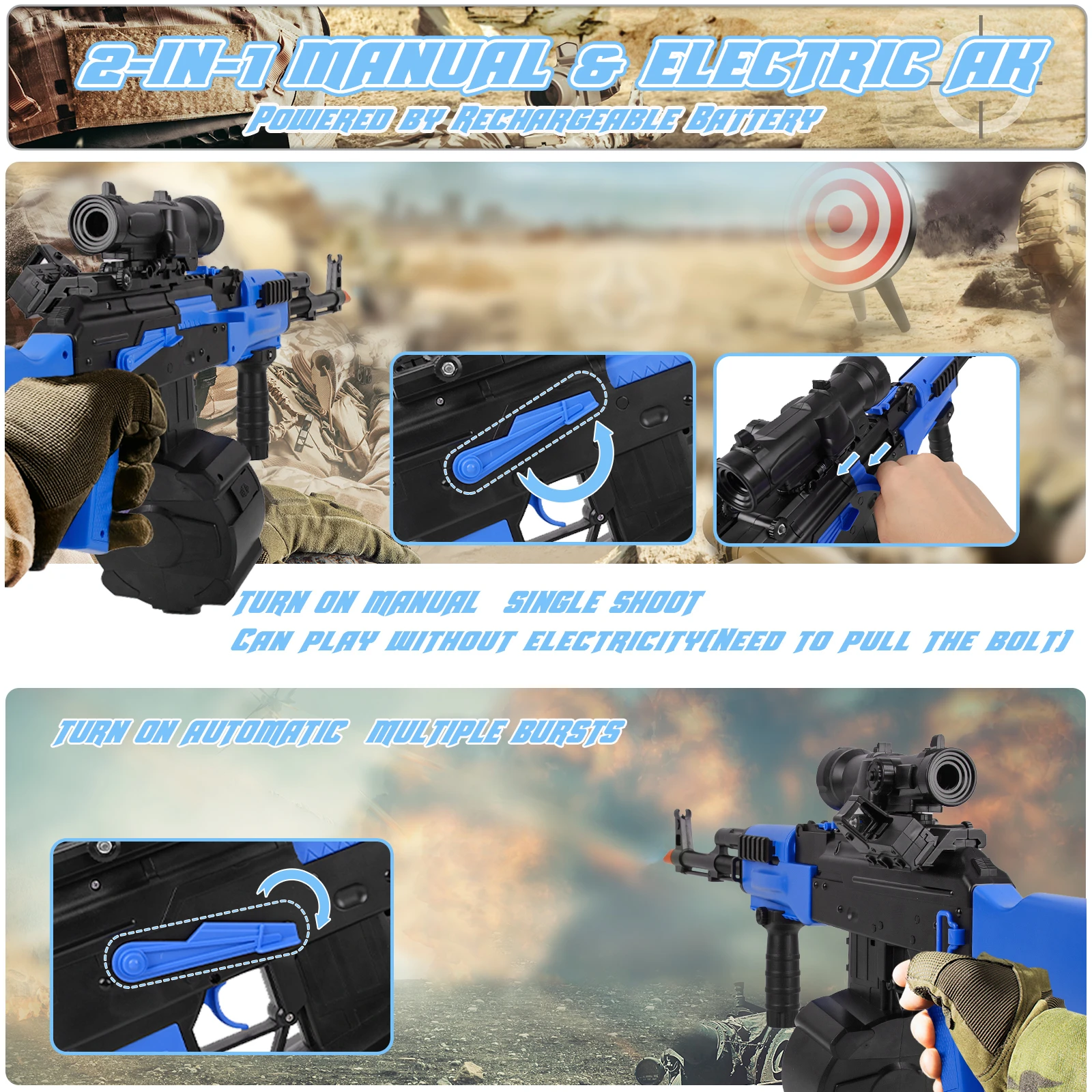 자동 및 수동 블래스터 AK 장난감, 롤러 자석 슈팅 게임, 14 세 이상 블루, 2 가지 모드