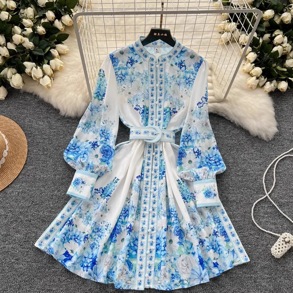 

2024 Spring Bohemain Ruffles Mini Dress Women Linen Clothing Lantern Sleeve Stand Single Breasted Belt French Floral Print Robes